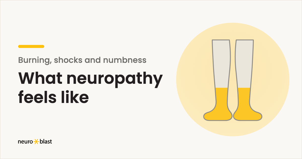 Article cover: illustration of two lower legs with stocking-pattern highlights, titled What neuropathy feels like.