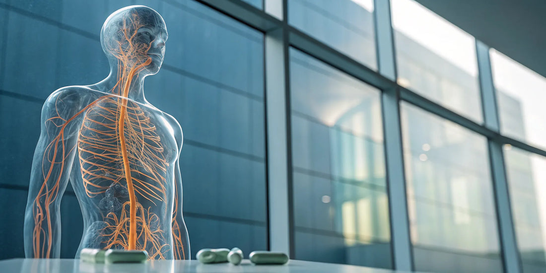Human figure with highlighted nerves and pills for finding what is better than gabapentin for nerve pain.