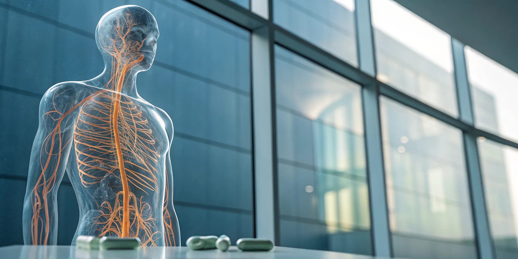 Human figure with highlighted nerves and pills for finding what is better than gabapentin for nerve pain.