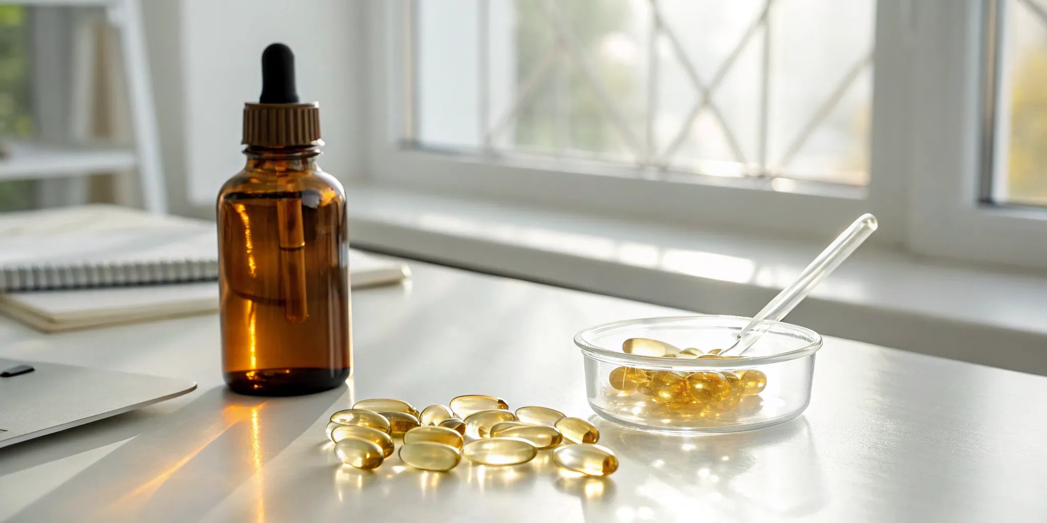 Vitamin D3 softgels and a dropper bottle, the best kind of vitamin D for depression.
