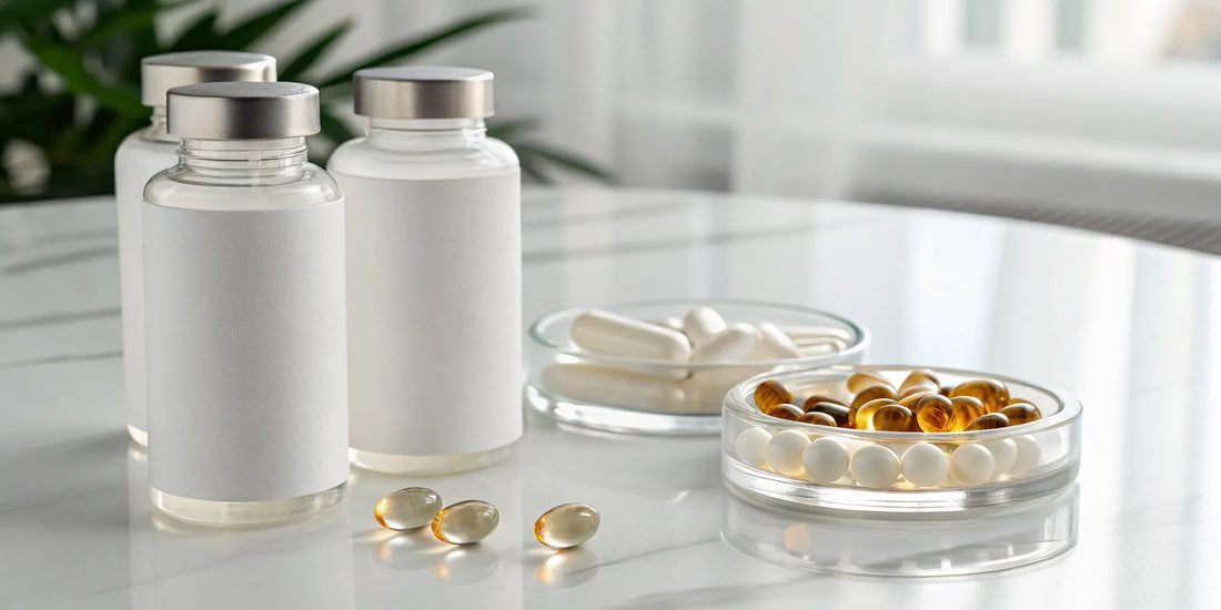 Various bottles and capsules of nerve repair vitamins for sale.