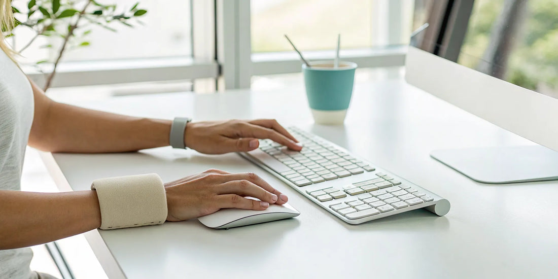 Person using a wrist brace at a computer for carpal tunnel treatment.