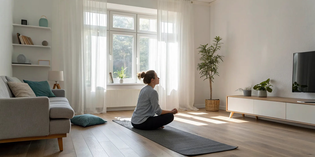 Woman performing a gentle stretch on a yoga mat for sciatica pain relief.